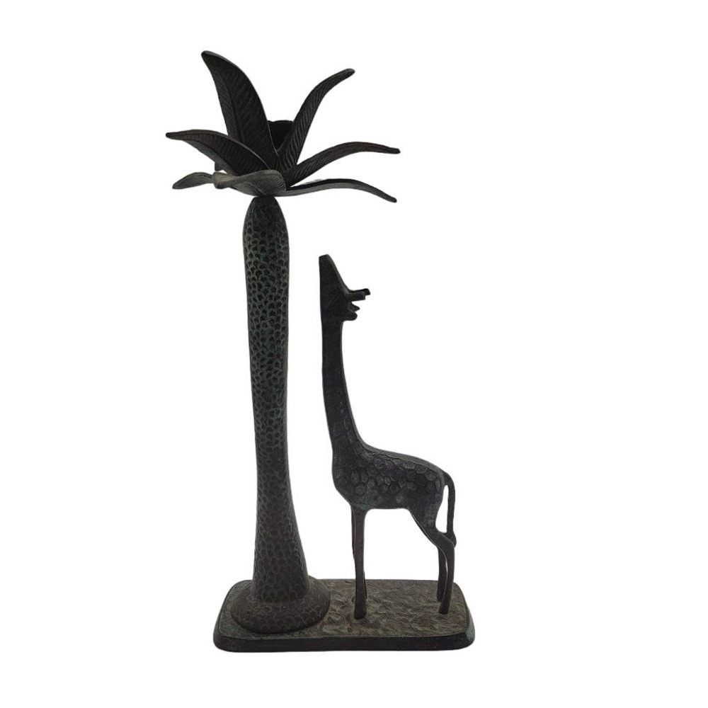 Vintage 15" Heavy Hammered Metal Giraffe Palm Tree Candlestick Holder‎